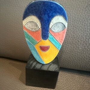 Handcrafted Multicolor Abstract Face Sculpture - Blue, Yellow & Coral